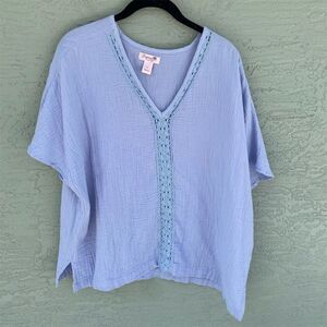 Japna Lounge Women's Blue V-Neck Blouse Size L Lace Detail Relaxed Fit